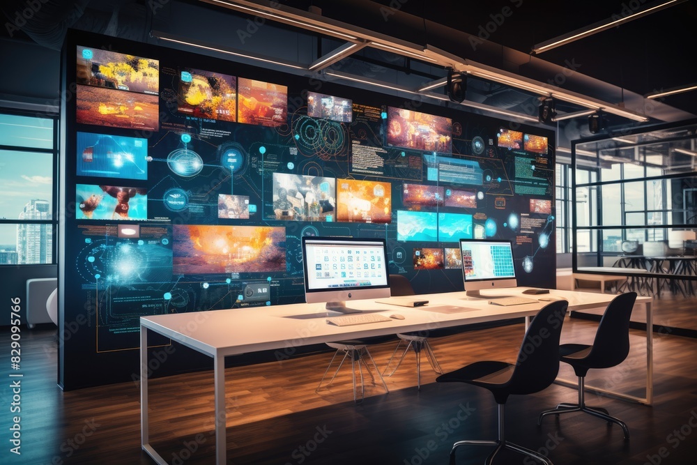 Aufkleber digital workspace with glowing data showing on wall like holographic room
