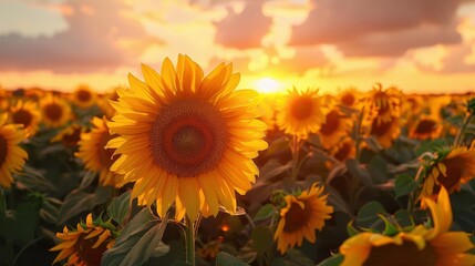 Fototapeta premium Sunset over a sunflower field, with warm orange and pink hues lighting up the sky and the sunflowers glowing in the soft light