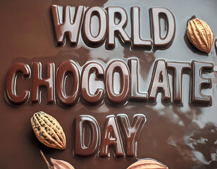 A poster for world chocolate day with chocolates in the background