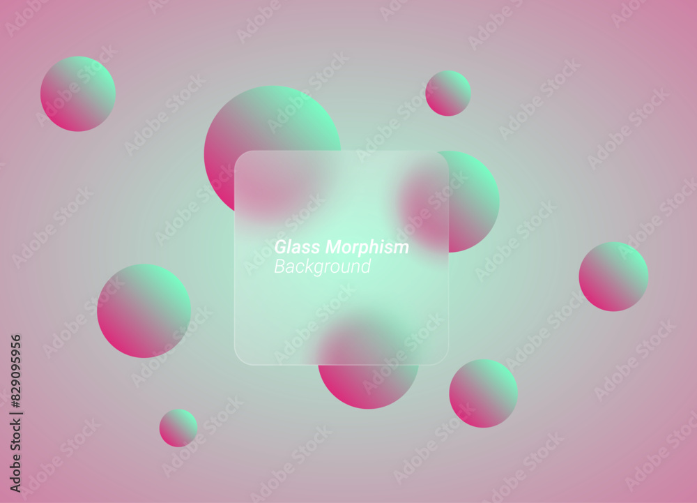 Poster glassmorphism background banner with transparent glass frame template . Realistic Frosted glass morphism effect with blurred abstract gradient circle shapes. Vector illustration