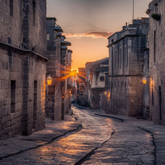 Obraz premium Ancient cobblestone street at sunset. Generative AI.