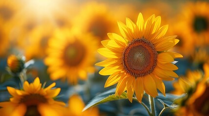 Fototapeta premium Vast sunflower field in full bloom under a clear blue sky, with golden flowers stretching as far as the eye can see