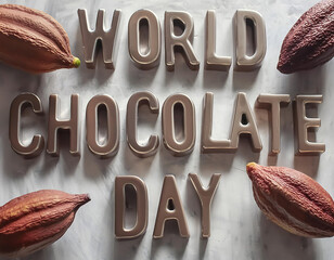 A poster for world chocolate day with chocolates in the background