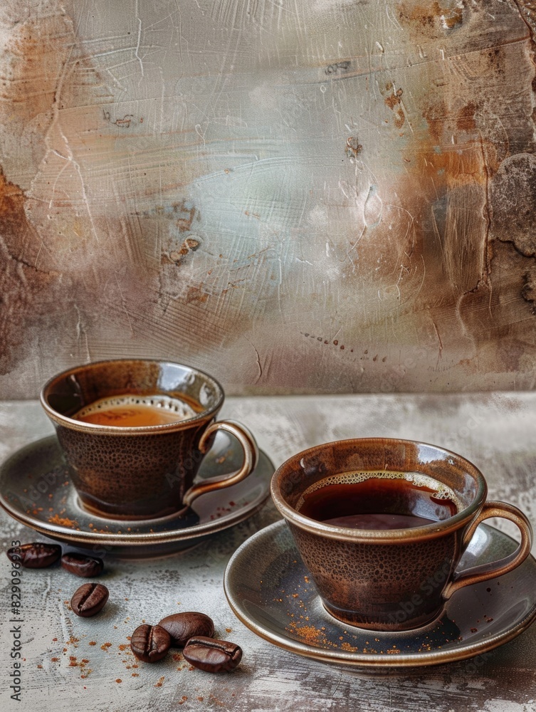 Poster two cups of coffee placed on saucers on a table. generative ai