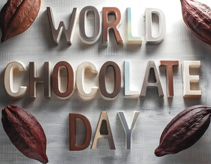 A poster for world chocolate day with chocolates in the background
