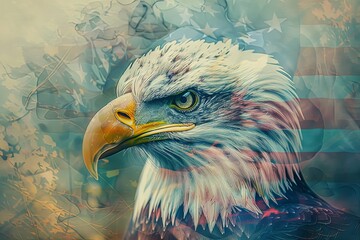 american bald eagle with flag