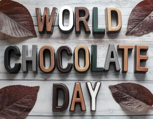 A poster for world chocolate day with chocolates in the background