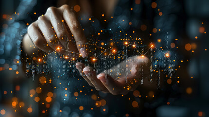 A hand of a businessman touching stock market financial investment and trading graph interface