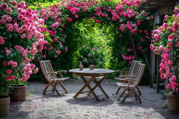 Chairs, table, garden, roses, outdoor setting