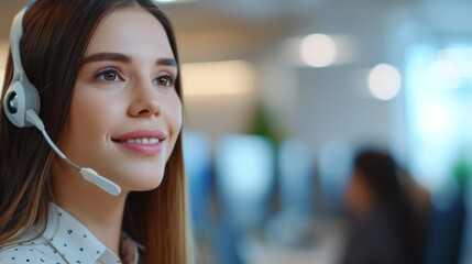 Fototapeta premium Focused on a young female call center support employee