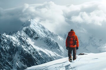 Skier in orange jacket standing on top of a snowy mountain