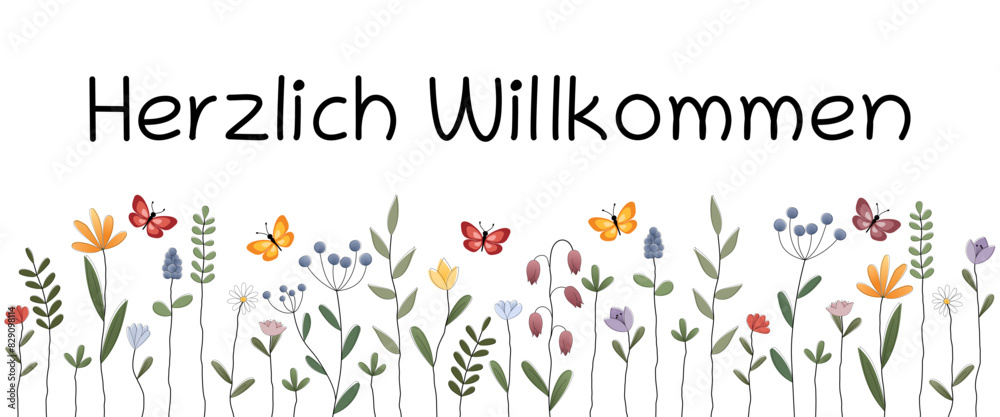 Poster herzlich willkommen - schriftzug in deutscher sprache. banner mit bunten blumen und schmetterlingen.