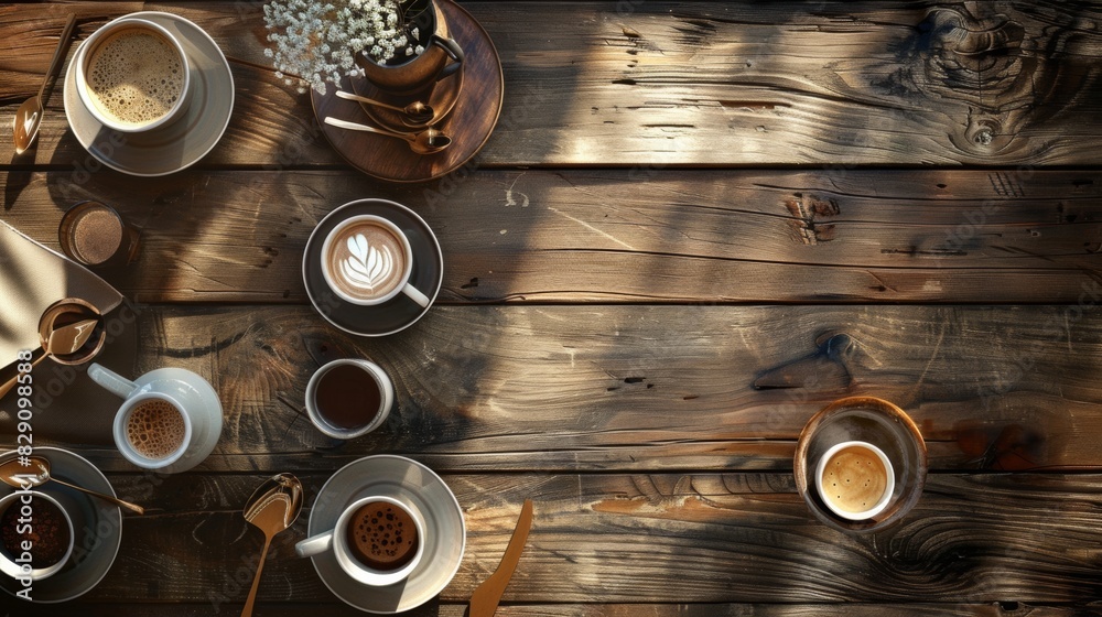 Poster a wooden table is filled with numerous cups of coffee. generative ai