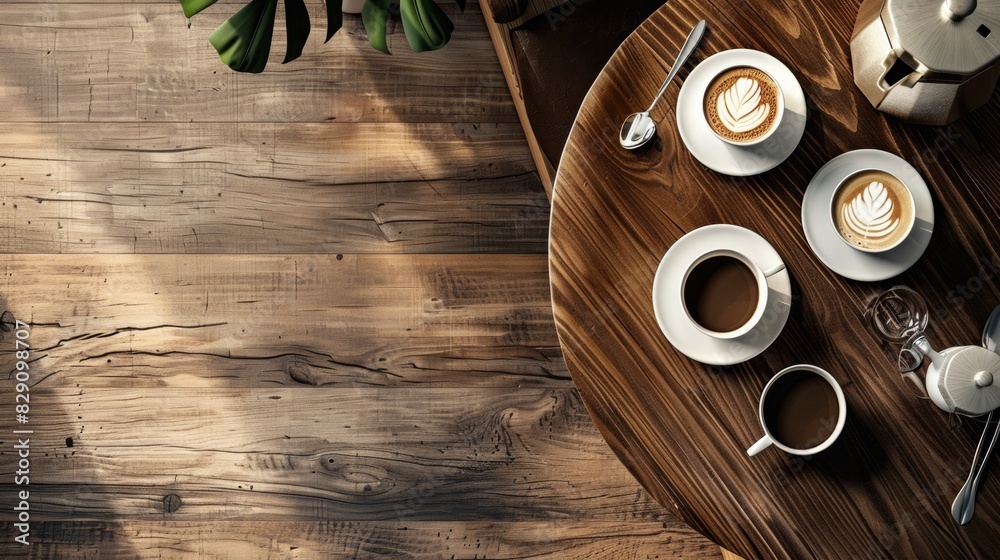 Poster a wooden table topped with two cups of coffee. generative ai