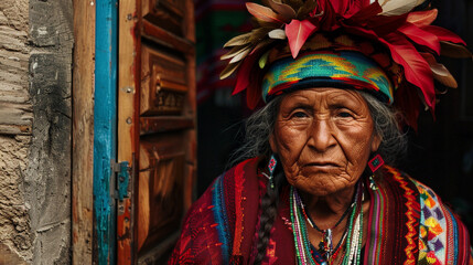 close up of old peruvian woman, wearing traditional clothing, travel concept
