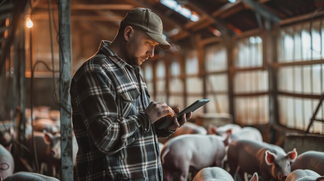 Pig Farming: Farmer Monitoring Health and Notes on Tablet