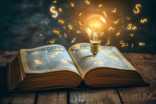 Innovative light bulb and letters emanating from open book