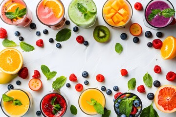 Assorted fruits and veggies in glasses on white surface