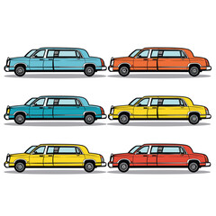 Retro taxis side view different colors classic city transport. Vintage cab design urban taxi service illustration. Yellow, blue, red cars cartoon flat vector isolated white background