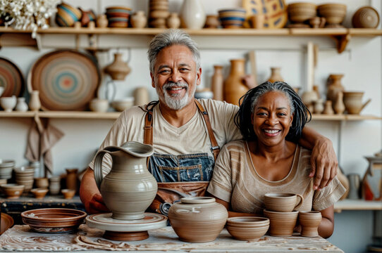 Pottery workshop with senior black woman and old Caucasian man. Craft ceramic art business. Clay hobby. Mature person, artist couple. Female making crockery. Potter studio with wheel. Grandparent life