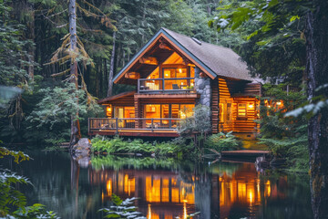 Obraz premium Cozy log cabin with warm lights reflecting in a tranquil forest lake at dusk