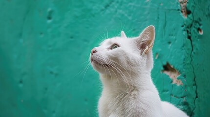 A white feline against a green backdrop