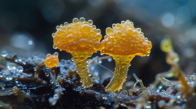 Two colonies of slime mold likely Diachea sp meet on organic material