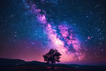 Fototapeta premium Solitary tree on hill under starry sky