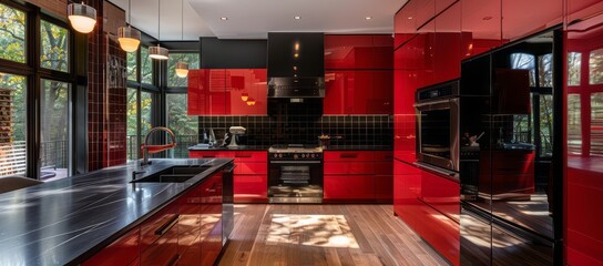 Modern red kitchen with red cabinetry, black tiled backsplash, and state-of-the-art appliances