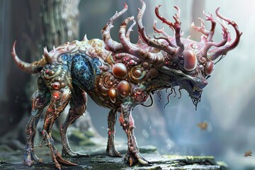 A painting of an animal covered in unusual elements