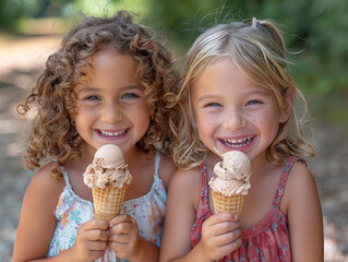 Two young children with curly hair, smiling and holding ice cream cones, standing outdoors