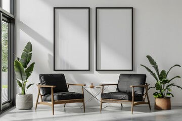 Room with two chairs, a plant, and two framed pictures