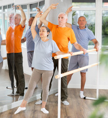 Cheerful active elderly woman training various ballet poses during group classes with ballet...
