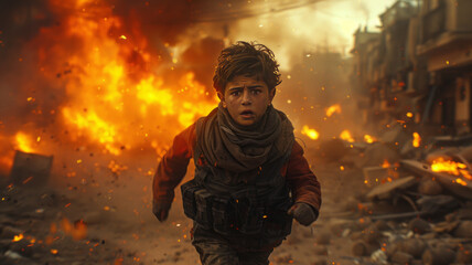arab boy running from explosions in the destroyed city,generative ai