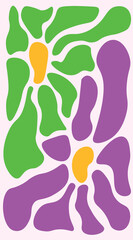 Imagen vertical de dos flores tipo groovy o psicodélicas color verde y morada