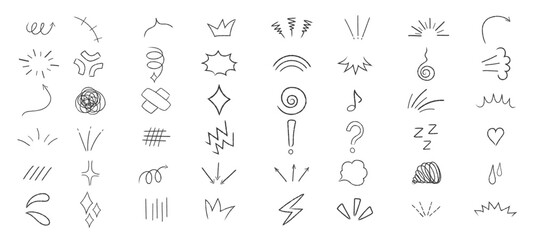 Hand drawn elements of expressions of Japanese manga comic book. Doodle drawing drawn with chalk, pencil of sun rays, arrows, wind, lightning, flashes. Vector illustration