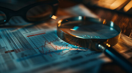Obraz premium magnifying glass over financial charts and graphs on business documents, in high resolution, photo realistic style, in a cinematic light style