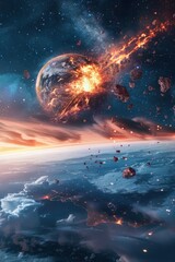 Fototapeta premium Burning comets and meteors streak across the sky, hurtling towards the Earth with fiery intensity, illuminating the darkness