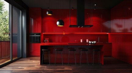 Modern red kitchen with vibrant red cabinets, dark wood flooring, and modern pendant lights