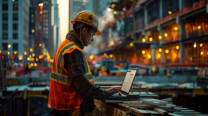 Naklejka premium A construction worker in reflective safety gear using a laptop on a busy urban construction site at dusk.