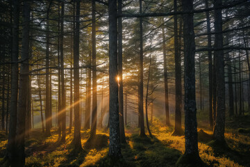 Fototapeta premium Sunlight filtering through the trees in a misty forest during sunrise. Serene and tranquil woodland scene with sunbeams creating a picturesque landscape. Ideal for nature and autumn concepts