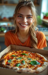 Young woman enjoys pizza in her modern kitchen, seated by table with open food box