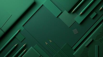 Green stationery items arranged in geometrical pattern, provides a textures and flat surfaces aesthetic photo. Background with copy space.