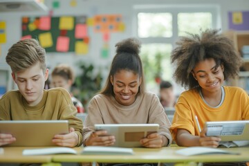Students in a modern classroom, engaged with digital tablets during an interactive learning session, focused on their screens.