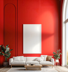 Modern Living room interior design, red wall, blank white empty photo frame mock up, background, copy space area