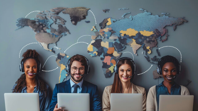 Diverse global customer service team operating with laptops, connected worldwide.