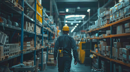 Fototapeta premium A worker in a hard hat walking through a large, well-organized industrial warehouse.