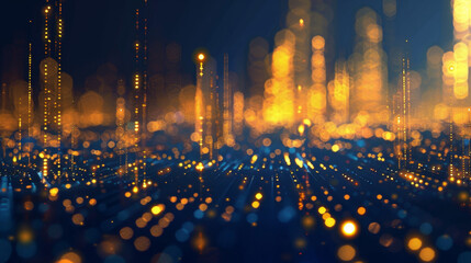 Abstract financial background with a golden stock market chart and city skyline on a dark blue bokeh lights. Digital big data visualization concept