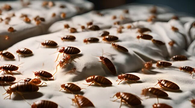 Bed Bugs Invasion, Room Infested with Bedbugs, Luxury Big Bed with Red Bedbugs Video, Generative AI Illustration