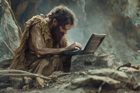 Ancient Stone Age Programmer, Prehistoric Programming, Neanderthal Man Working on Stone Computer, Generative AI Illustration